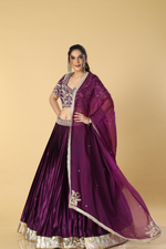 Load image into Gallery viewer, Purple gajji satin zardosi embroidered blouse paired with pleated skirt with border and organza dupatta
