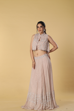 Load image into Gallery viewer, Dusty pink pearl sequence embroidered georgette skirt paired with short jacket concept
