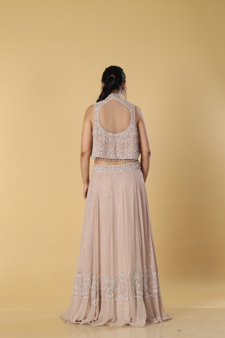 Dusty pink pearl sequence embroidered georgette skirt paired with short jacket concept