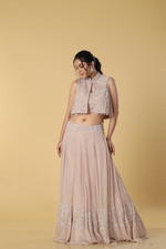 Load image into Gallery viewer, Dusty pink pearl sequence embroidered georgette skirt paired with short jacket concept
