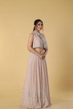 Load image into Gallery viewer, Dusty pink pearl sequence embroidered georgette skirt paired with short jacket concept
