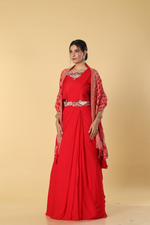 Load image into Gallery viewer, Red D-dupion resham embroidered blouse paired with georgette skirt  and embroidered banarasi bandhej cape
