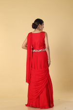 Load image into Gallery viewer, Red D-dupion resham embroidered blouse paired with georgette skirt  and embroidered banarasi bandhej cape
