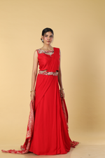 Load image into Gallery viewer, Red D-dupion resham embroidered blouse paired with georgette skirt  and embroidered banarasi bandhej cape

