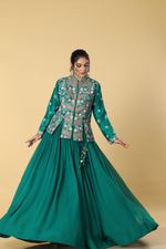 Load image into Gallery viewer, Rama green georgette pleated skirt paired with multicolour resham dola silk  jacket
