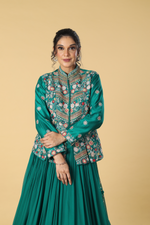 Load image into Gallery viewer, Rama green georgette pleated skirt paired with multicolour resham dola silk  jacket
