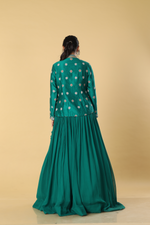 Load image into Gallery viewer, Rama green georgette pleated skirt paired with multicolour resham dola silk  jacket
