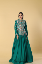 Load image into Gallery viewer, Rama green georgette pleated skirt paired with multicolour resham dola silk  jacket
