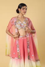 Load image into Gallery viewer, Tricolour ombrae chiffon skirt paired with satin organza multicolour blouse and organza cape
