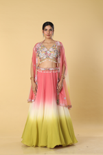 Load image into Gallery viewer, Tricolour ombrae chiffon skirt paired with satin organza multicolour blouse and organza cape
