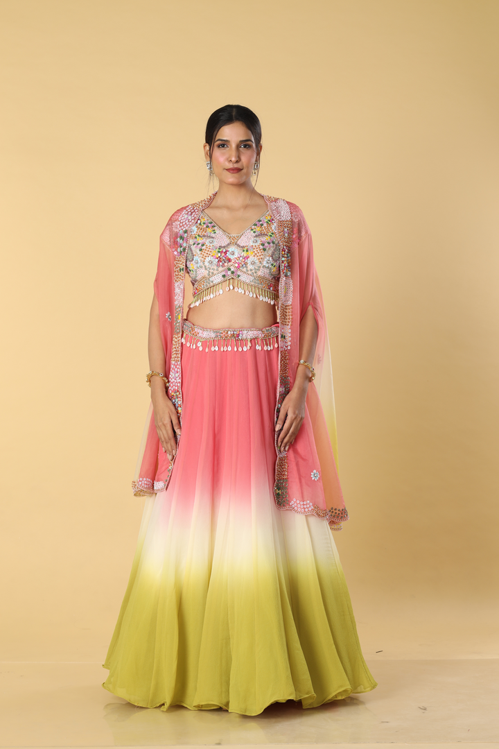 Tricolour ombrae chiffon skirt paired with satin organza multicolour blouse and organza cape