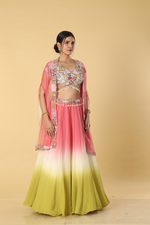 Load image into Gallery viewer, Tricolour ombrae chiffon skirt paired with satin organza multicolour blouse and organza cape
