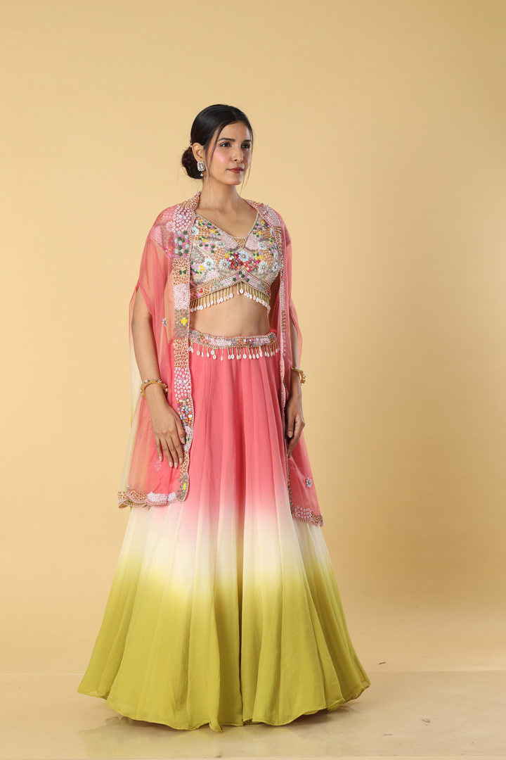 Tricolour ombrae chiffon skirt paired with satin organza multicolour blouse and organza cape