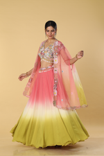 Load image into Gallery viewer, Tricolour ombrae chiffon skirt paired with satin organza multicolour blouse and organza cape
