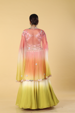 Load image into Gallery viewer, Tricolour ombrae chiffon skirt paired with satin organza multicolour blouse and organza cape
