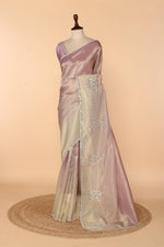 Load image into Gallery viewer, Onion Pink Banarasi Tissue Saree with Off-White Border &amp; Mirror, Zardozi, Sequin &amp; Stone Work
