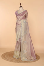 Load image into Gallery viewer, Onion Pink Banarasi Tissue Saree with Off-White Border &amp; Mirror, Zardozi, Sequin &amp; Stone Work
