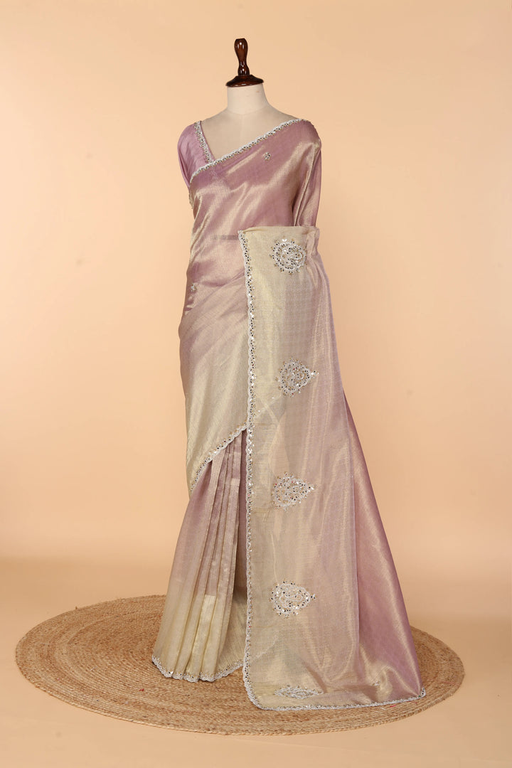 Onion Pink Banarasi Tissue Saree with Off-White Border & Mirror, Zardozi, Sequin & Stone Work