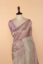 Load image into Gallery viewer, Onion Pink Banarasi Tissue Saree with Off-White Border &amp; Mirror, Zardozi, Sequin &amp; Stone Work

