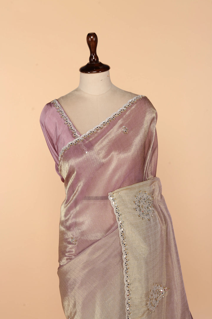 Onion Pink Banarasi Tissue Saree with Off-White Border & Mirror, Zardozi, Sequin & Stone Work