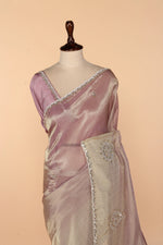 Load image into Gallery viewer, Onion Pink Banarasi Tissue Saree with Off-White Border &amp; Mirror, Zardozi, Sequin &amp; Stone Work
