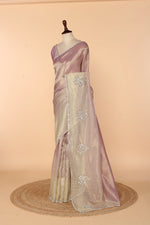 Load image into Gallery viewer, Onion Pink Banarasi Tissue Saree with Off-White Border &amp; Mirror, Zardozi, Sequin &amp; Stone Work
