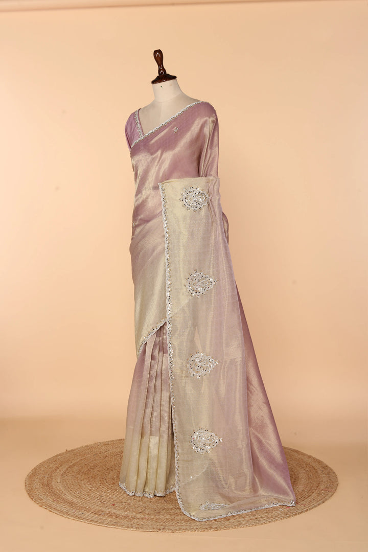 Onion Pink Banarasi Tissue Saree with Off-White Border & Mirror, Zardozi, Sequin & Stone Work