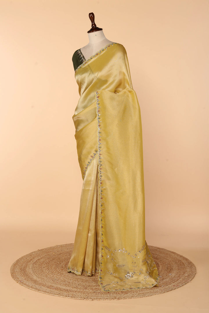 Yellow-Green Banarasi Tissue Saree with Mirror, Cutdana & Pearl Work