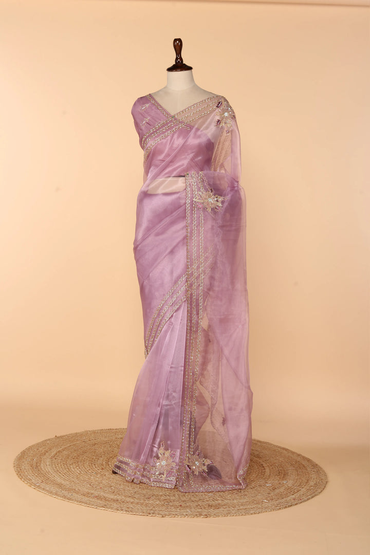 Lavender Glass Tissue Saree with Sequin, Stone, Resham & Bead Work
