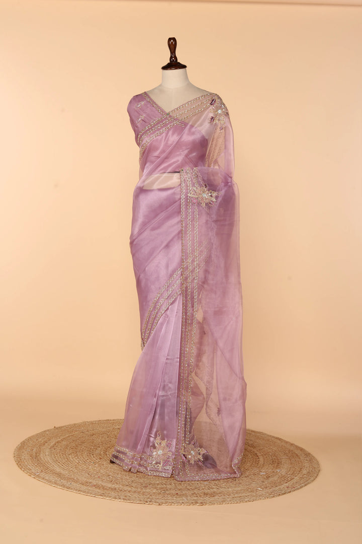 Lavender Glass Tissue Saree with Sequin, Stone, Resham & Bead Work