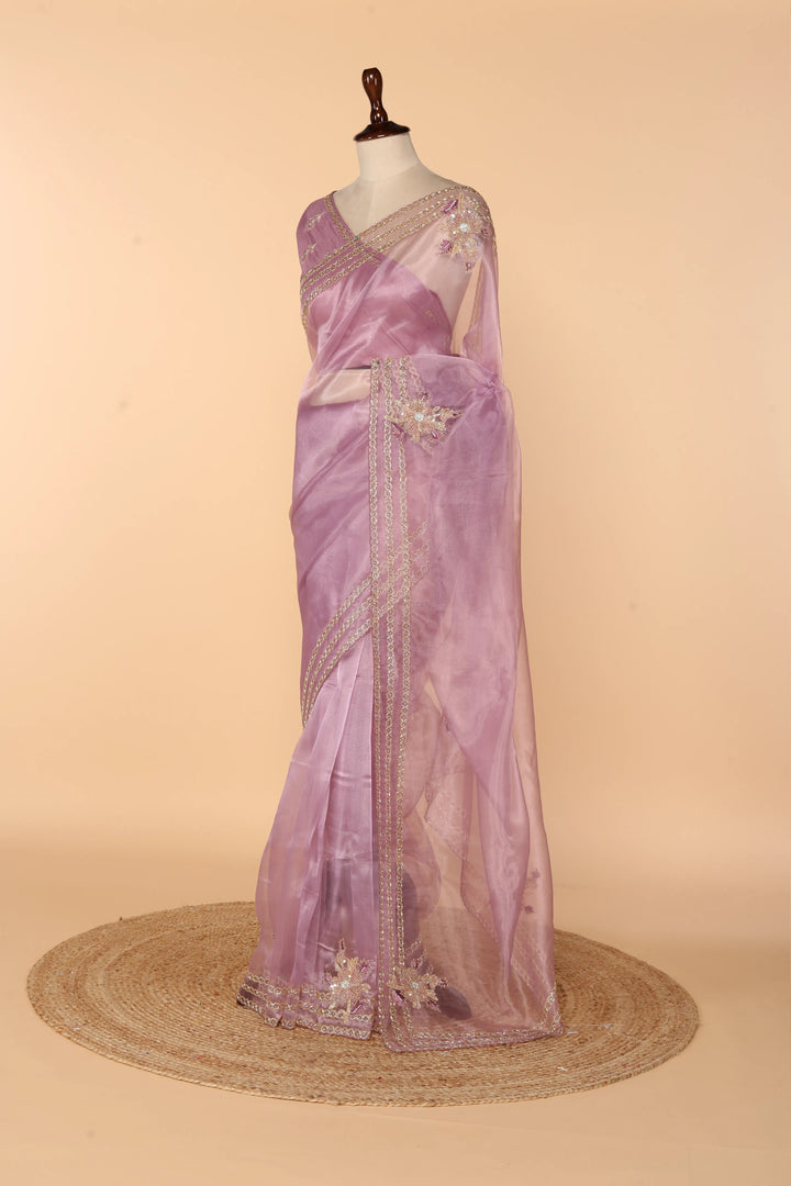 Lavender Glass Tissue Saree with Sequin, Stone, Resham & Bead Work