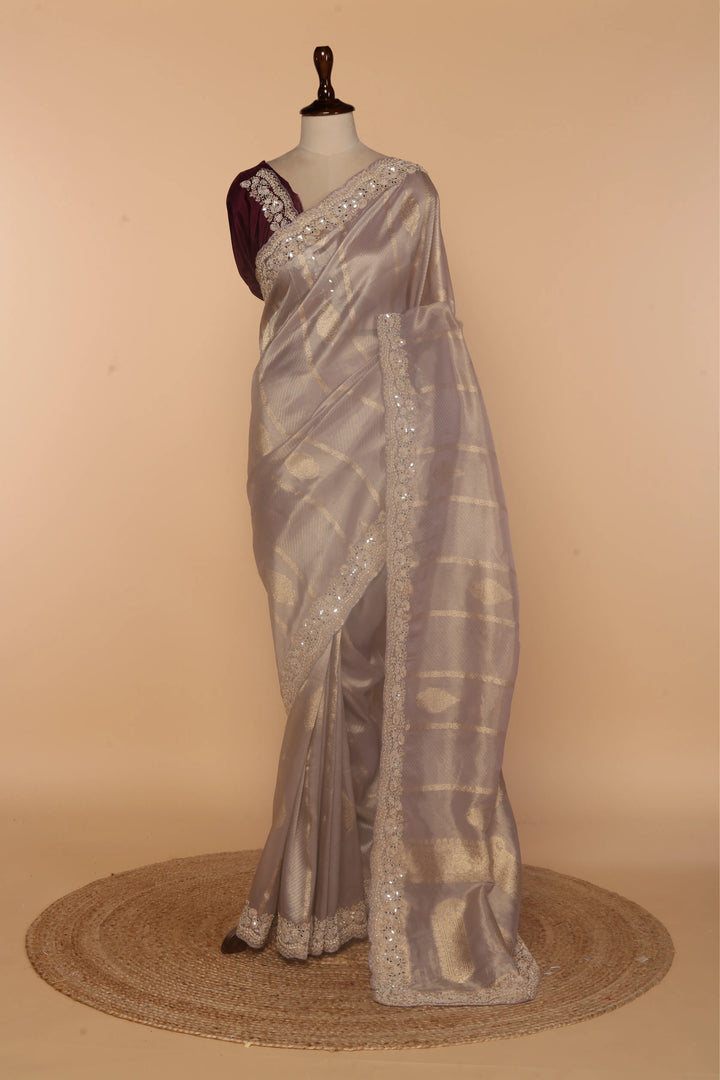 Lavender Banarasi Silk Saree with Mirror, Sequin & Zardosi Work