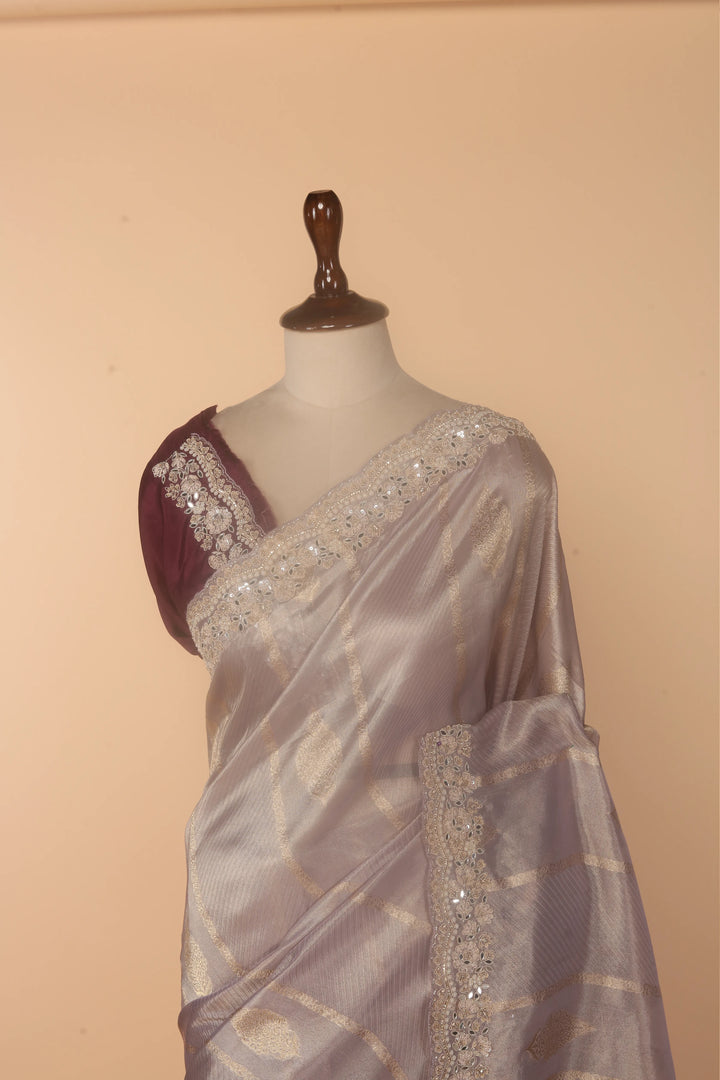 Lavender Banarasi Silk Saree with Mirror, Sequin & Zardosi Work