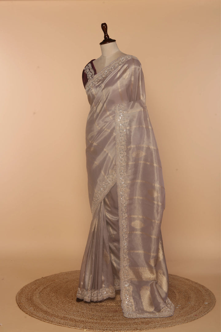 Lavender Banarasi Silk Saree with Mirror, Sequin & Zardosi Work