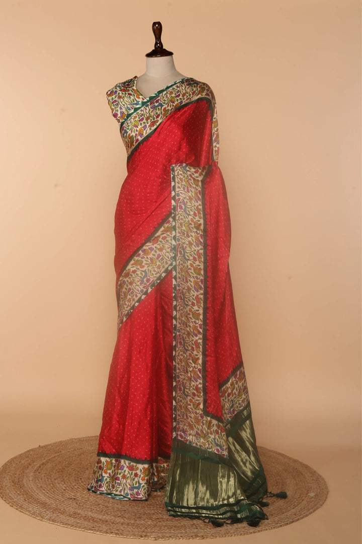 Red Modal Silk Saree with Bandhej Print & Kalamkari Border