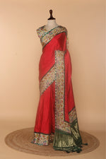 Load image into Gallery viewer, Red Modal Silk Saree with Bandhej Print &amp; Kalamkari Border
