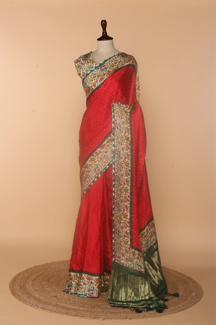 Red Modal Silk Saree with Bandhej Print & Kalamkari Border