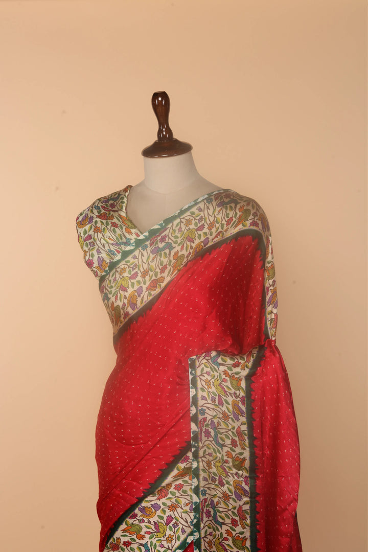 Red Modal Silk Saree with Bandhej Print & Kalamkari Border