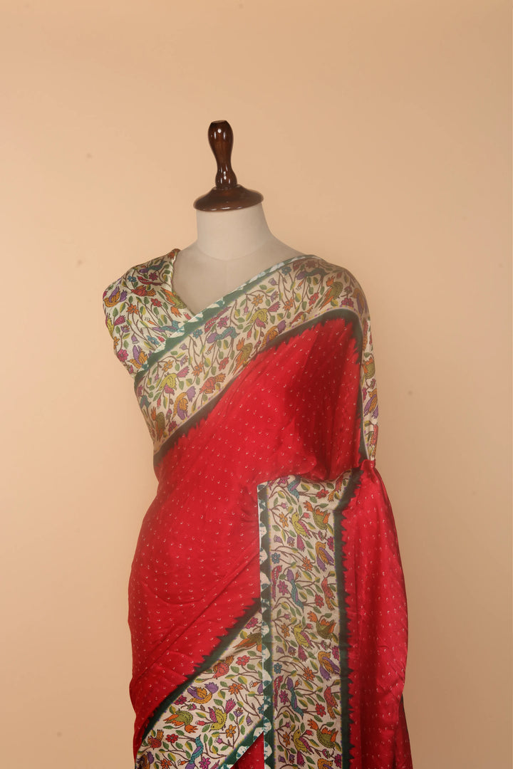 Red Modal Silk Saree with Bandhej Print & Kalamkari Border