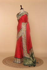 Load image into Gallery viewer, Red Modal Silk Saree with Bandhej Print &amp; Kalamkari Border
