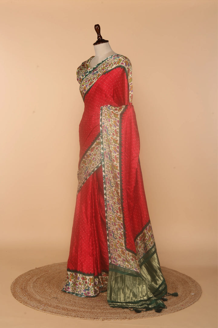Red Modal Silk Saree with Bandhej Print & Kalamkari Border