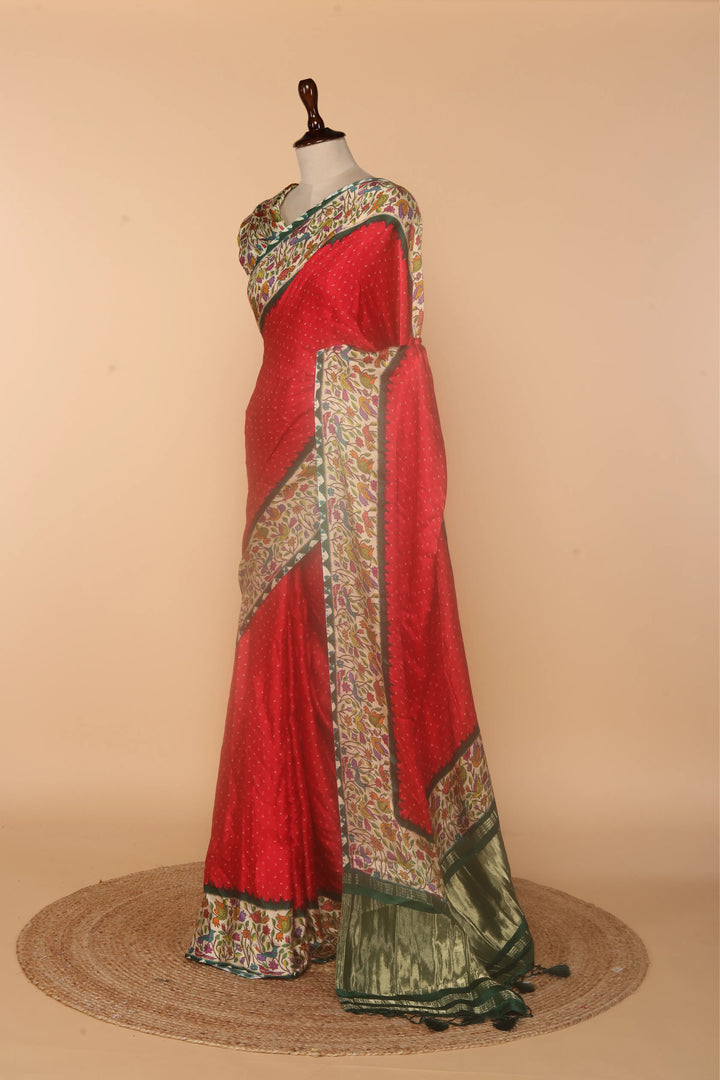 Red Modal Silk Saree with Bandhej Print & Kalamkari Border