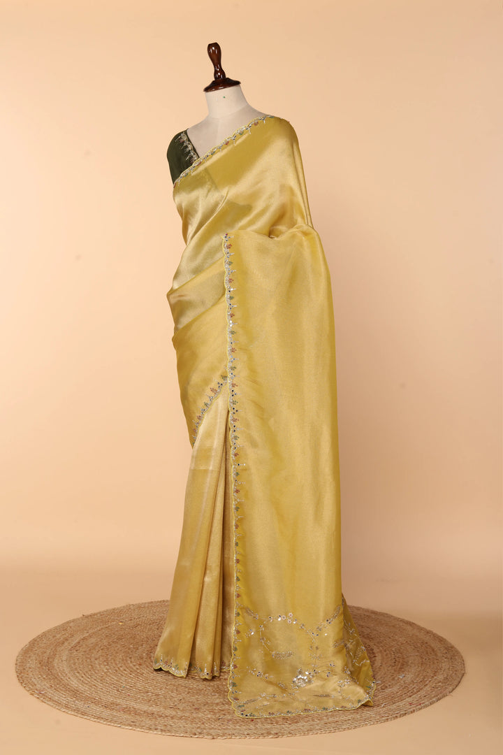 Yellow-Green Banarasi Tissue Saree with Mirror, Cutdana & Pearl Work