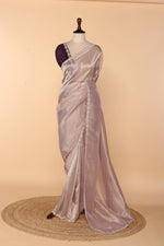Load image into Gallery viewer, Light Purple Banarasi Tissue Saree with Stone &amp; Bead Border
