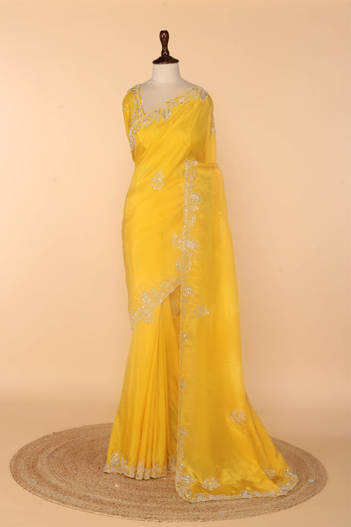 Yellow Abutai Silk Saree with Zardosi, Sequin & Bead Work