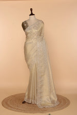 Load image into Gallery viewer, Beige Banarasi Saree with Sequence, Multicolour Beads &amp; Mirror Work
