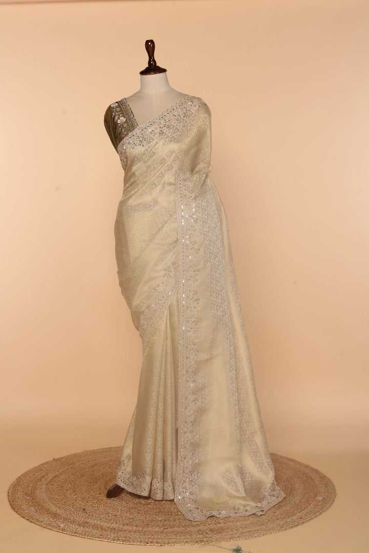 Beige Banarasi Saree with Sequence, Multicolour Beads & Mirror Work