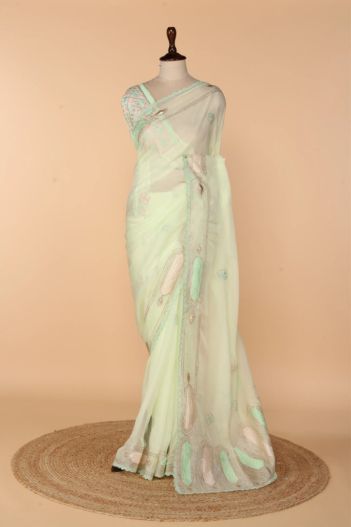 Mint Green Georgette Organza Saree with Lace, Gota Dori & Appliqué Resham Work