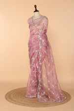 Load image into Gallery viewer, Onion Pink Tissue Saree with Resham Jal, Mirror, Stone, Sequin &amp; Cutdana Work
