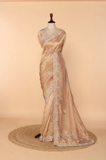 Load image into Gallery viewer, Peach Gold Banarasi Tissue Saree with Gota Patti, Zardosi &amp; Bead Work on Pallu

